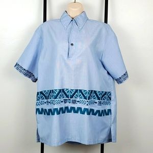 Vintage 60s IOLANI Tiki Mask shirt men blue stripe size L Y2K